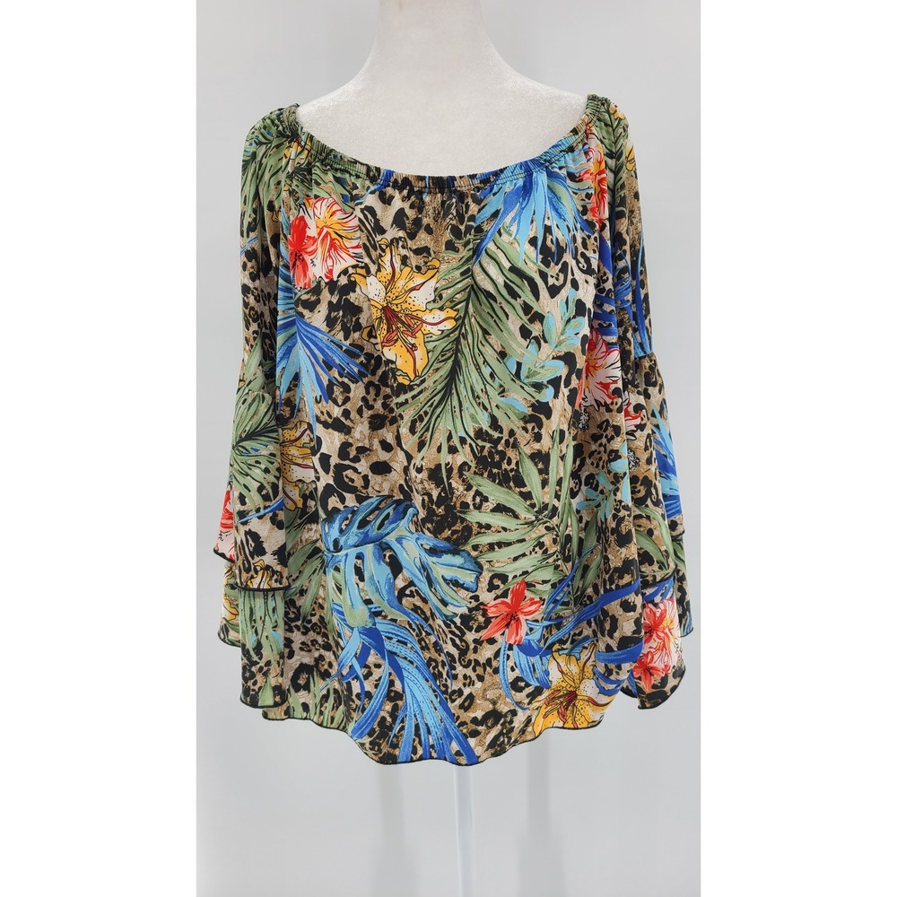 Adora Women Tropical Sleeve Blouse Top Size L Resort Boho Animal Print Beachy‎
